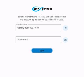 247connect Agent app screen prompting the user to enter a device name and account ID, with options to scan a QR code or tap Done to proceed.