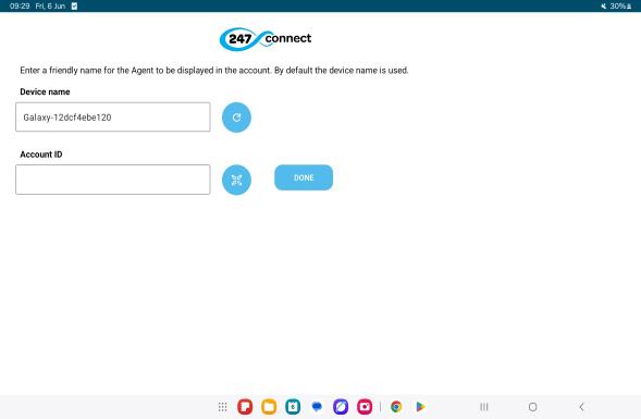 247connect Agent app screen prompting the user to enter a device name and account ID, with options to scan a QR code or tap Done to proceed.