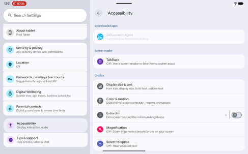 Android Settings with Accessibility open, showing options including 247connect Agent under Downloaded apps.