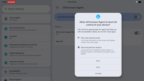 Pop-up asking to allow 247connect Agent full control of the device, with options to Allow, Deny, or Uninstall.