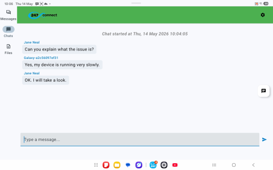 247connect Android Agent app Chats screen showing a conversation between an agent and a user, with a message entry field at the bottom of the screen.