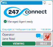 Active Managed Agent window for 247connect showing the Managed Agent ready status. Operator Jane Neal is connected, a chat icon (speech bubble icon) and a red disconnected icon (plug with a slash). A green VIEWING label and a timer showing 00:13 indicate the session duration.