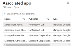 Associated app selection pane in Microsoft Intune, showing a list of Managed Google Play apps including 247connect Agent by NetSupport Ltd.