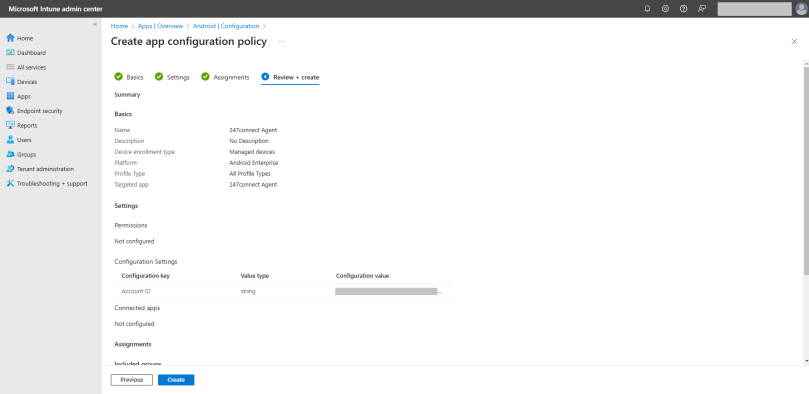 Microsoft Intune screen showing the final 'Review + create' step for an Android app configuration policy, with 247connect Agent selected and Account ID set as a configuration key.