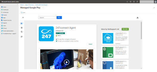 Microsoft Intune admin centre showing the 247connect Agent app selected from the Managed Google Play store, with the option to add it to Android Enterprise devices.