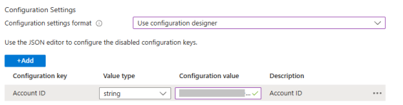 Configuration settings screen in Microsoft Intune using the configuration designer, showing the Account ID key with string value type and a set configuration value.