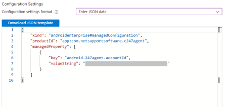 JSON configuration settings in Microsoft Intune for the 247connect Agent app, showing the account ID key and value using the Enter JSON data format.