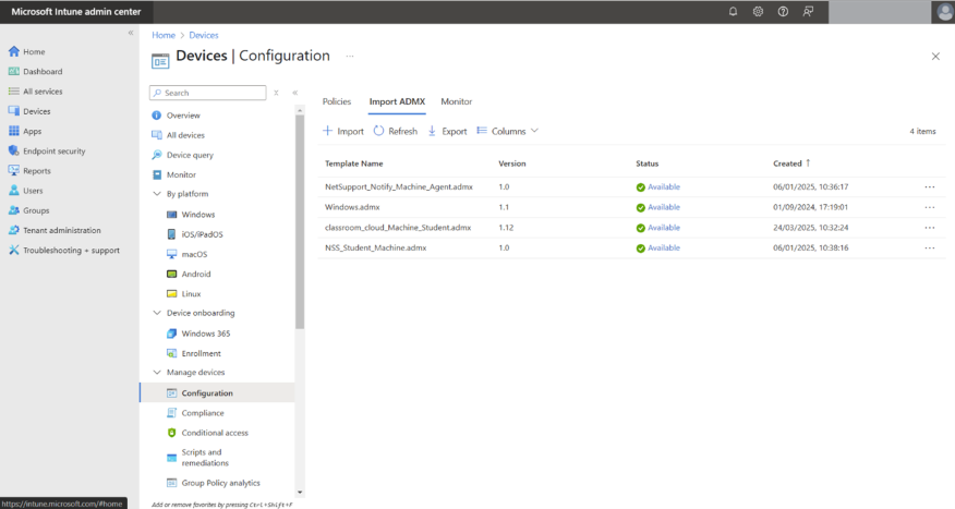 Microsoft Intune admin center showing four available ADMX templates under Devices > Configuration > Import ADMX. Each template lists its name, version, status and creation date.