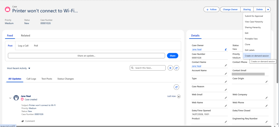 Salesforce Case Actions menu showing the Create on-demand session option.
