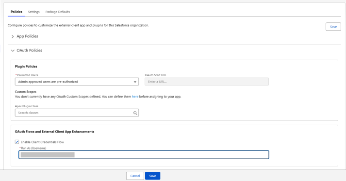 Salesforce OAuth Flows settings showing the Run As user.