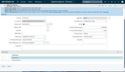 ServiceNow Application Registry record for “247connect”, showing OAuth client settings, token configuration, and assigned auth scope.