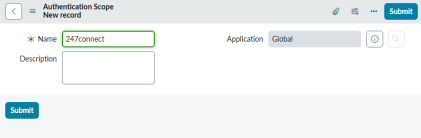 ServiceNow Authentication Scope form for a new record, showing name and application fields.