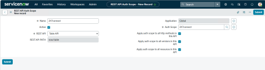 ServiceNow REST API Auth Scope form showing a configured record with name, Table API, auth scope set, and options applied across methods, versions, and resources.