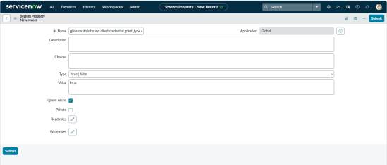 ServiceNow System Property form for a new record, showing a property name, type set to true/false, value set to true, and options such as Ignore cache enabled.