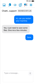 Chat screen showing a support conversation where a user asks the end user to restart their machine and the end user replies that they need a few minutes.