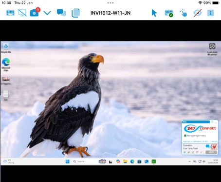 View window showing the desktop of device INVH612-W11-JN. The 247connect Agent window is visible, showing an active viewing session by operator Jane Neal.