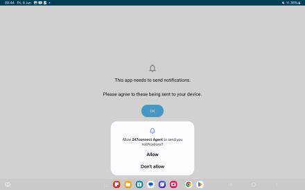 247connect Agent app requesting permission to send notifications, with an on-screen message and a system prompt offering Allow or Don't allow options.