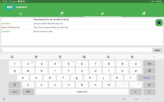 247connect Agent app showing an active chat session between a user and an operator, with a keyboard and message input field visible.