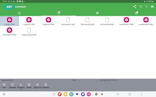 247connect Agent app showing the Files tab with multiple transferred files, including images and PDFs. The top bar is green with icons for sharing, refresh and view options. A badge on the Files icon indicates 10 files. File actions at the bottom include View, Rename, Download, Delete, Select All and Deselect.