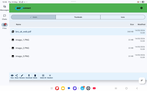 247connect Android Agent app Files screen showing transferred files in Details view with options to view, share, rename, download, delete, select all, and deselect files.