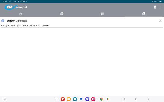 247connect Agent app showing a message from an operator asking the user to restart their device, with options to delete the message or delete all.