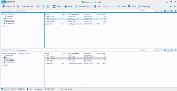File transfer window with the remote device INVH612-W11-JN. The window is split into two panes: the top pane displays the local computer's file system and the bottom pane shows the remote computer’s file system. Both are focused on the Documents folder, listing subfolders such as My Music, My Pictures, My Videos, and a desktop.ini file. The toolbar includes options such as Copy File, Create Folder, Select, Print, Recent Files, Add, Remove, View, Chat and Message. The session has been active for 00:51 and uses AES (P2P) encryption.