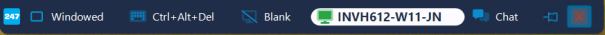 Full screen toolbar. The toolbar includes buttons for Windowed, Ctrl+Alt+Del, Blank screen and Chat. The connected device is labelled INVH612-W11-JN. Icons for minimising the toolbar and ending the session (red X) are located at the right end of the bar.