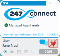 Active Managed Agent window for 247connect showing the Managed Agent ready status. User Jane Neal is connected, a chat icon (speech bubble icon) and a red disconnected icon (plug with a slash). A timer showing the session duration.