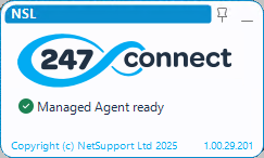 Managed Agent window showing the 247connect logo with the text "Managed Agent ready" and a green checkmark icon.