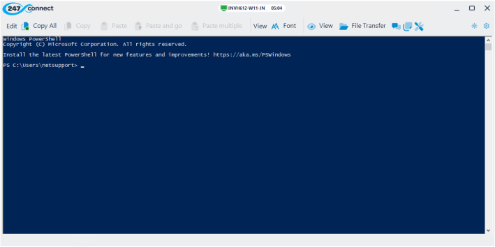 PowerShell window open in 247connect with command prompt ready and toolbar options visible.