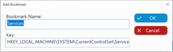 Add Bookmark window showing a bookmark name field set to "Services" and the key path "HKEY_LOCAL_MACHINE\SYSTEM\CurrentControlSet\Services", with OK and Cancel buttons.