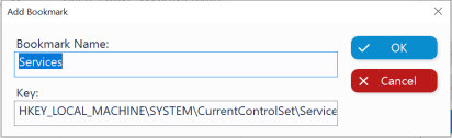 Add Bookmark window showing a bookmark name field set to "Services" and the key path "HKEY_LOCAL_MACHINE\SYSTEM\CurrentControlSet\Services", with OK and Cancel buttons.