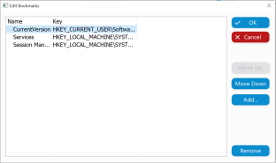 Edit Bookmarks window displaying a list of registry bookmarks with names and key paths. Options on the right include OK, Cancel, Move Down, Add, and Remove.