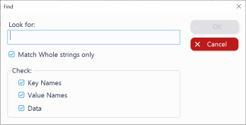 Windows Registry Editor Find dialog with search options and all checkboxes ticked.
