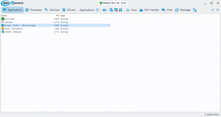 Applications tab in the Task Manager window showing a list of running applications with their process IDs and states.