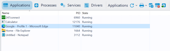 Applications tab in the Task Manager window showing a list of running applications with their process IDs and states.