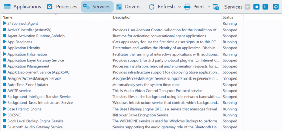 Services tab in Task Manager showing a list of system services with their names, descriptions and current status, such as Running or Stopped.