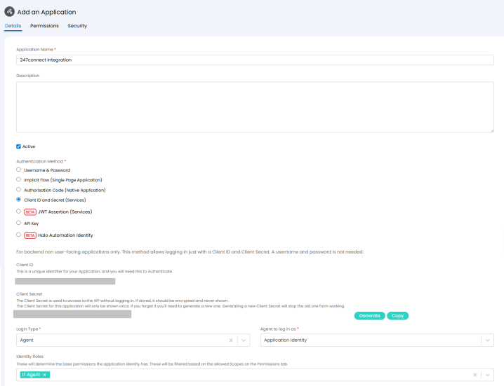 Add Application page showing a 247connect Integration application configured with Client ID and Secret authentication, application identity login, and assigned IT Agent role permissions.