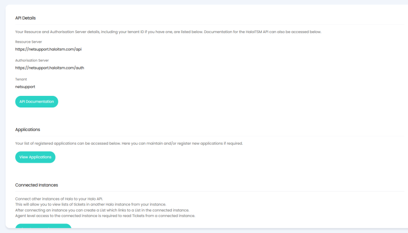HaloITSM API page showing API details, including resource and authorisation server information, with options to access API documentation and manage registered applications.