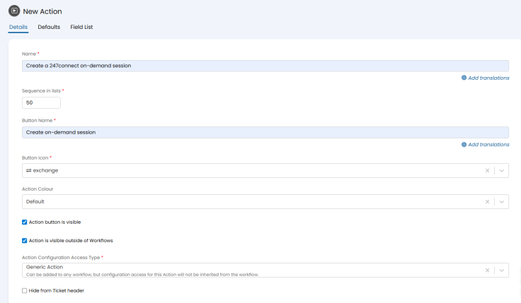 New Action configuration page showing settings for a "Create on-demand session" button, including visibility options, icon selection, and generic action configuration.