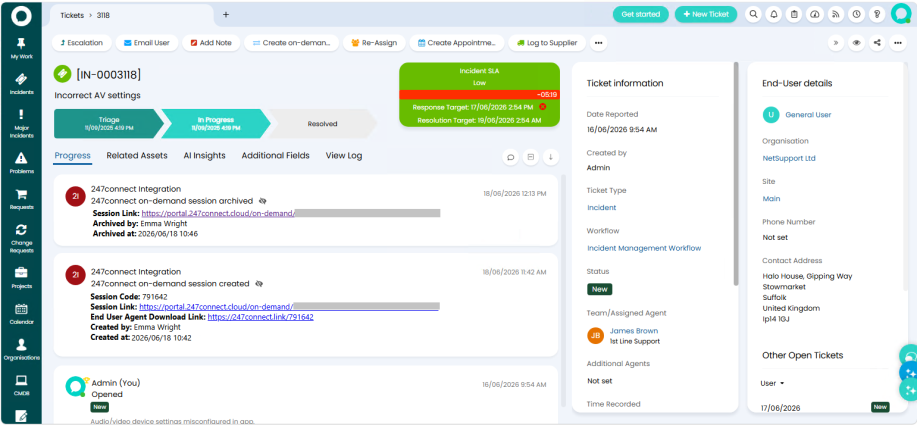 HaloITSM incident ticket showing activity entries created by the 247connect integration, including on-demand session details, session links, and archived session notifications.