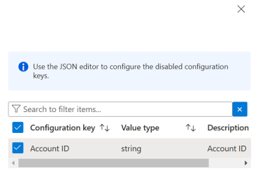 Configuration key selection screen in Microsoft Intune, showing the Account ID key with a string value type and a note to use the JSON editor for disabled keys.
