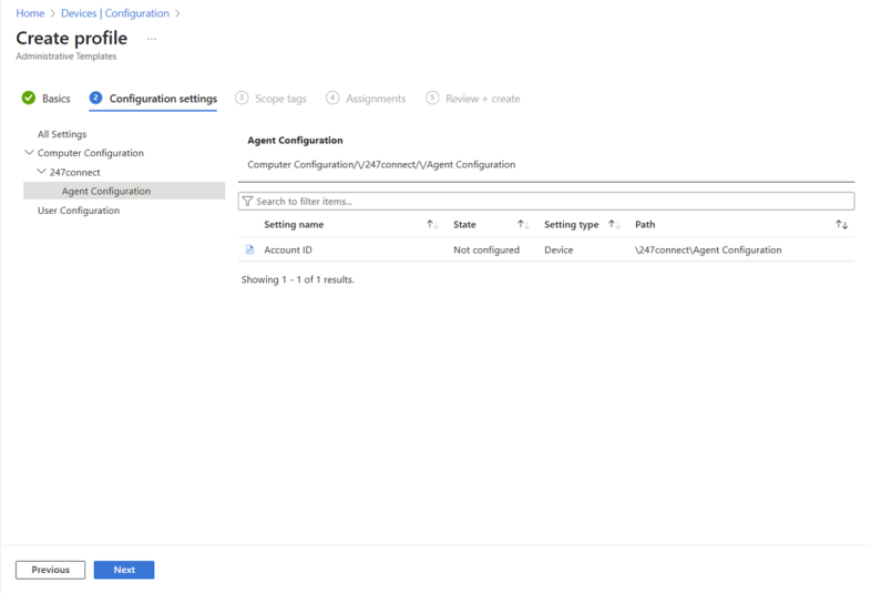 Microsoft Intune Create profile screen showing the Configuration settings step. The selected path is Computer Configuration > 247connect > Agent Configuration, displaying one setting named Account ID, which is not configured and applies to the device.
