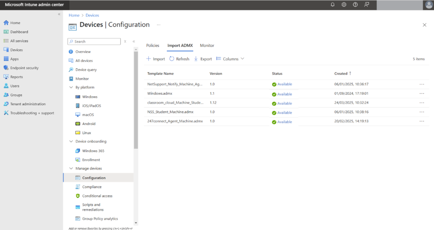 Microsoft Intune admin center showing five available ADMX templates under Devices > Configuration > Import ADMX. The latest entry is "247connect_Agent_Machine.admx".