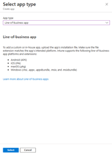 Microsoft Intune "Select app type" screen for creating an app. The App type drop-down is set to "Line-of-business app". The page explains that users can upload custom or in-house app installation files and lists supported platforms and extensions: Android (APK), iOS (IPA), macOS (PKG), and Windows (MSI, APPX, APPXBUNDLE, MSIX, MSIXBUNDLE). Select and Cancel buttons are at the bottom.