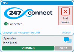 On-demand Agent window displaying an active session. It includes the 247connect logo, a green checkmark indicating "On-demand Agent Ready," the operator's name, a chat icon for communication, showing the remote action as "VIEWING" and a session timer. The "End Session" button is in the top right corner.