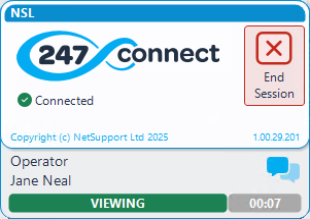 On-demand Agent window displaying an active session. It includes the 247connect logo, a green checkmark indicating "On-demand Agent Ready," the operator's name, a chat icon for communication, showing the remote action as "VIEWING" and a session timer. The "End Session" button is in the top right corner.