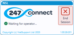 247connect On-demand Agent window labelled NSL, showing the message Waiting for operator... with a green checkmark. On the right, there is a red End Session button with an X icon. 