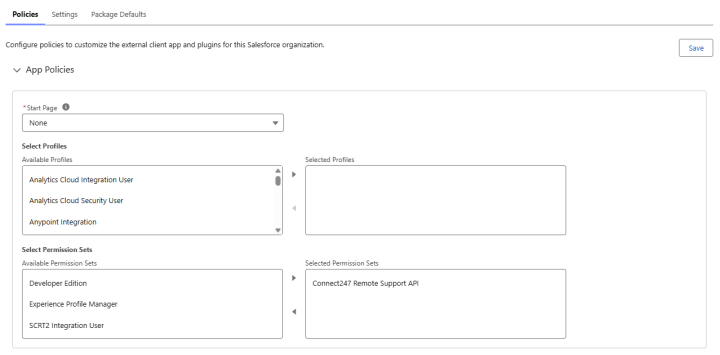 Salesforce External Client App Policies page.