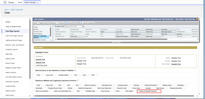 Salesforce Case Layout showing the Create on-demand session action added to the Actions section.